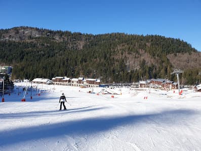 Winter scene at La Bresse-Hohneck in Vosges, France featuring a bustling winter sports scene with a ski resort, a chalet in the background and a skier elegantly descending the snowy slope.