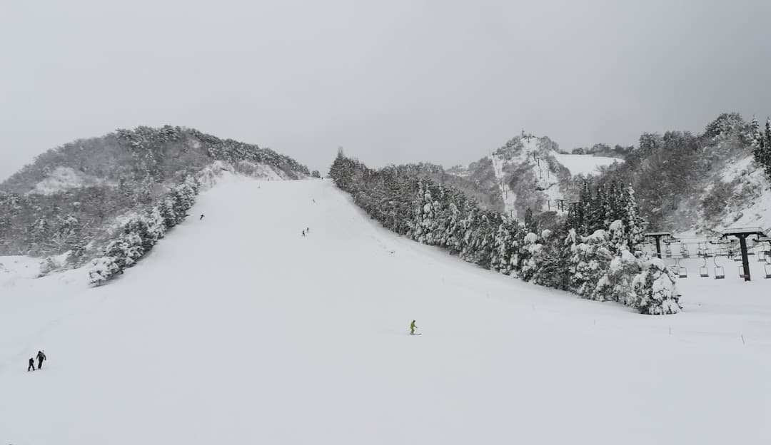 A skier enjoying winter sports at a ski resort in Tainai Niigata Japan with a chalet and scenic mountains visible in the background.