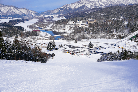 Winter sports enthusiasts enjoying a day at a ski resort in Tainai, Chūbu, Japan. Stunning snow-covered mountains and pine trees creating a picturesque winter landscape.
