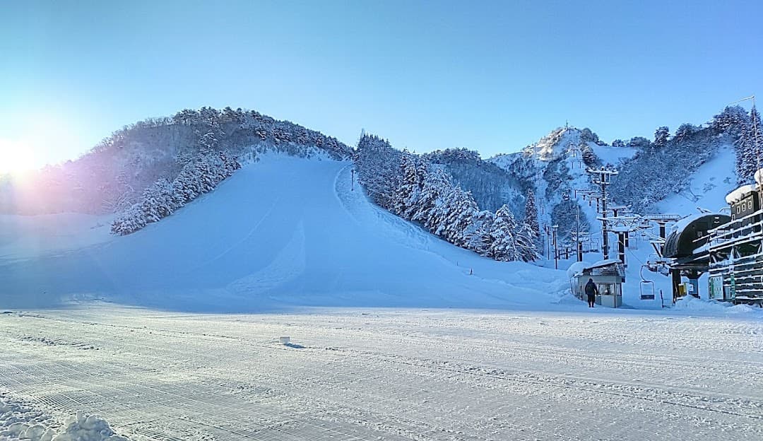 Winter sports enthusiasts enjoying the day at a ski resort in Tainai, Japan, surrounded by stunning snow-capped mountains and pristine winter scenery.