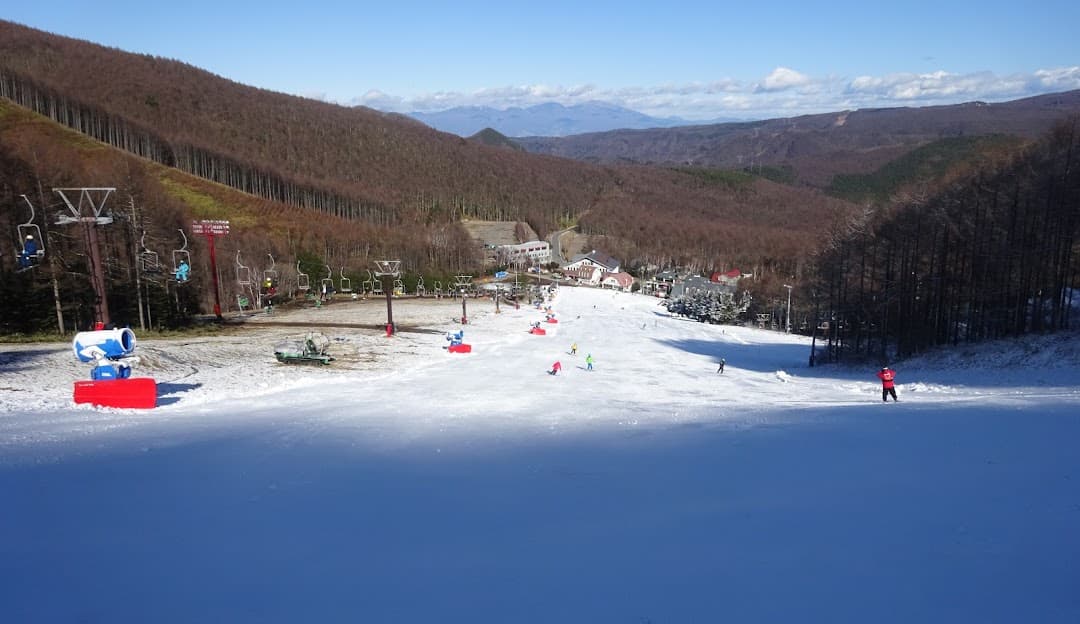 Winter sports scene at Echo Valley in Nagano, Japan, featuring a bustling ski resort and winter sports centre nestled within the pristine, snow-covered landscape with a cozy chalet set slightly apart.