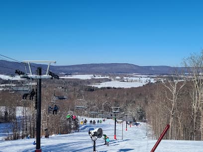 This image captures the picturesque wintertime scene at Canaan Valley in Davis West Virginia showcasing a busy ski resort with snow-covered slopes active ski lifts and winter sports enthusiasts dotting the landscape.