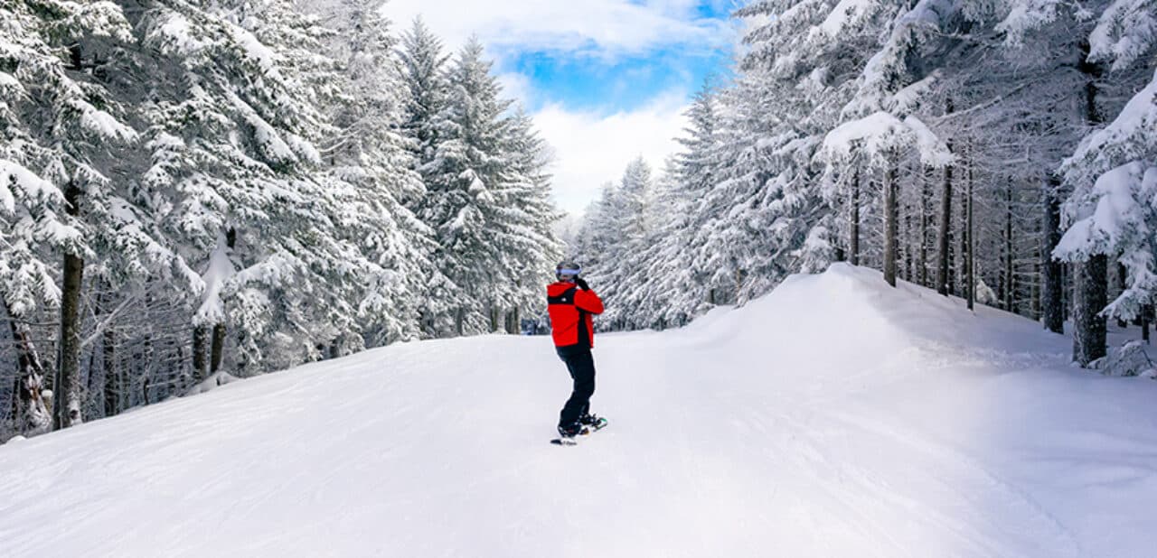 Canaan Valley in USA - a person on a snowboard going down a hill.