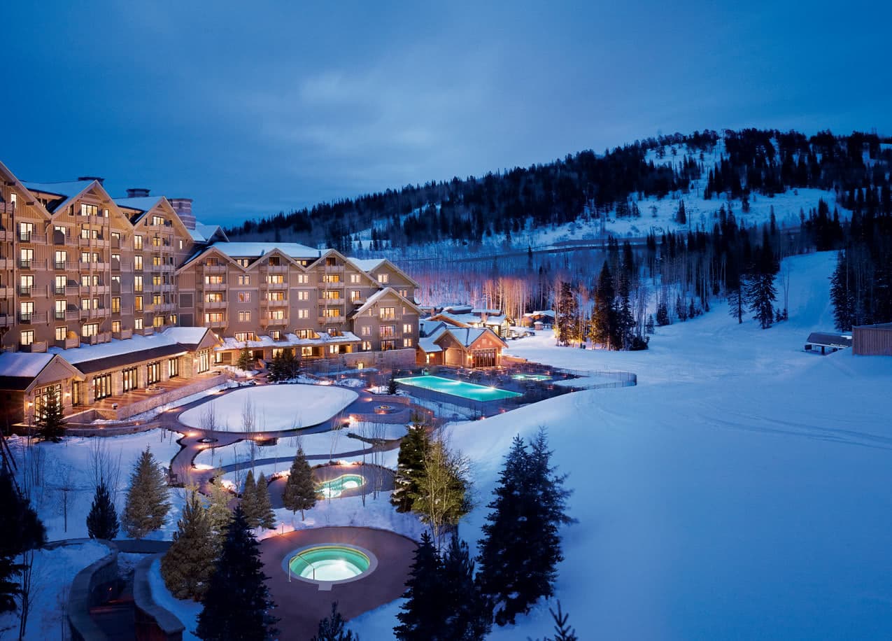 Montage Mountain Resort in USA: a hotel in the mountains at night.