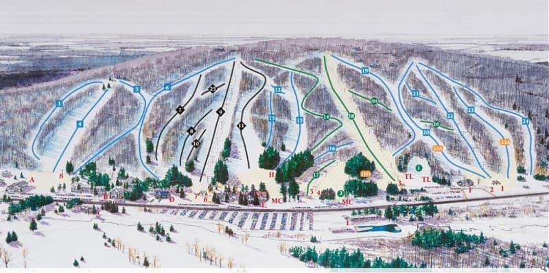 Peek n Peak in USA - a painting of a ski slope with many ski tracks.