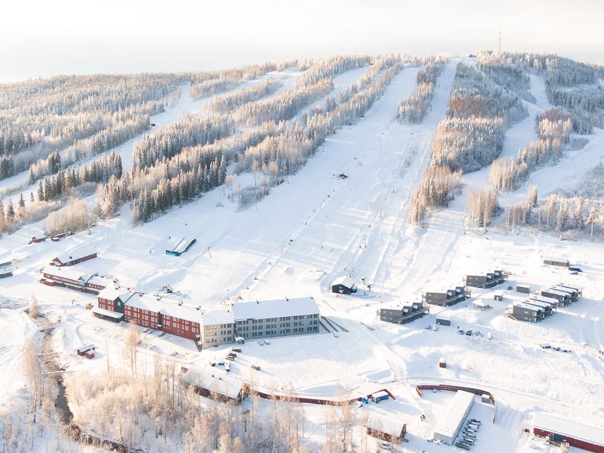 Kungsberget in Sweden: an aerial view of a ski resort in the winter.