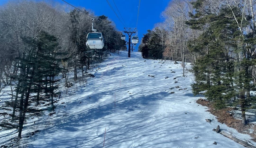 Ski lift ascending the snow-covered slopes at Fujimi Panorama, a ski resort in Nagano, Japan. Skiers enjoy the winter sports scene below.