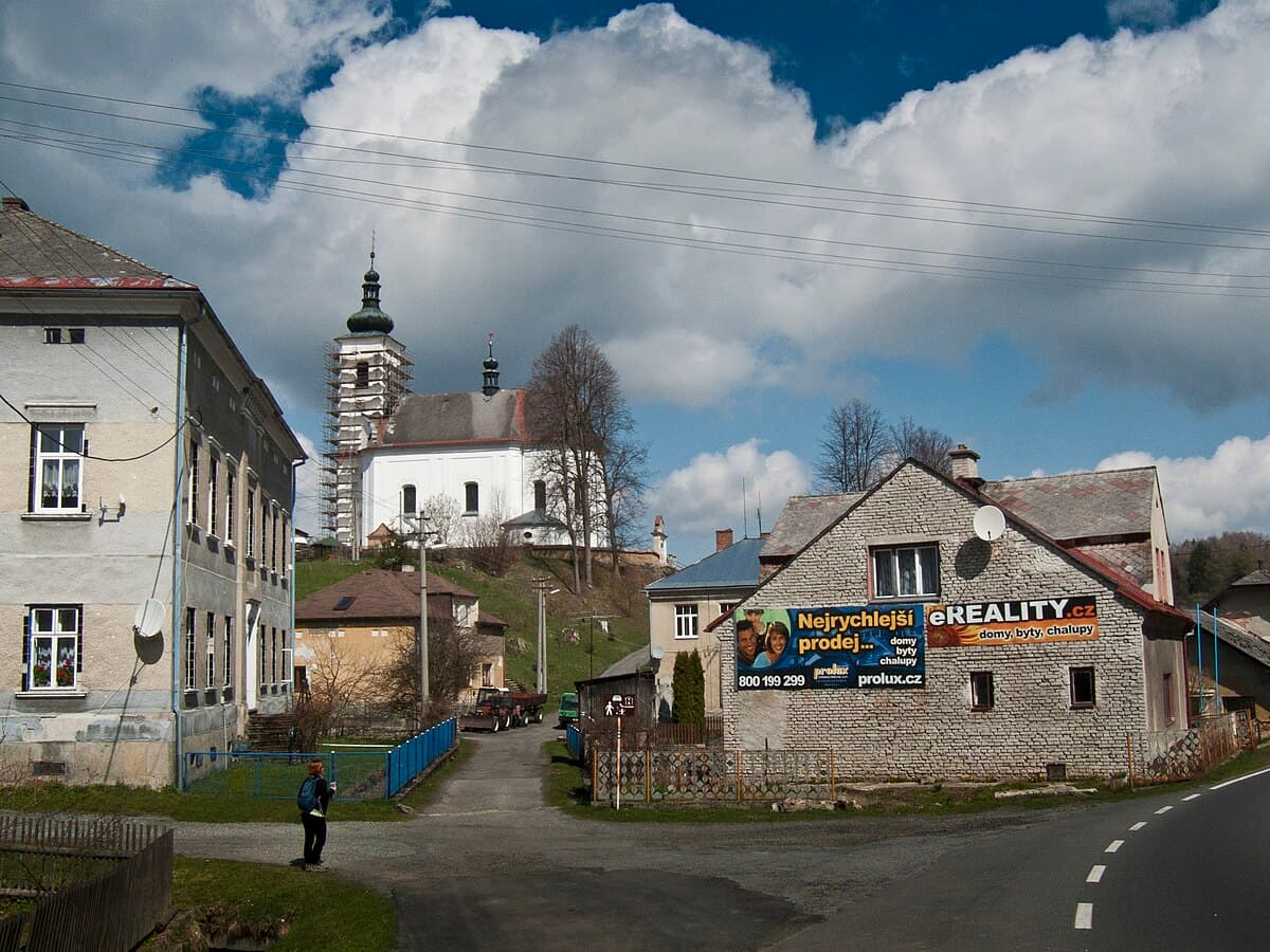 Kopřivná in Czech Republic - a view of a street in a small town.