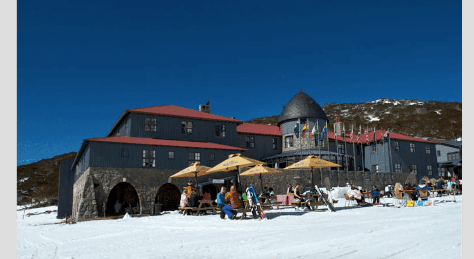Charlotte Pass in Australia - a group of people sitting at tables in the snow.