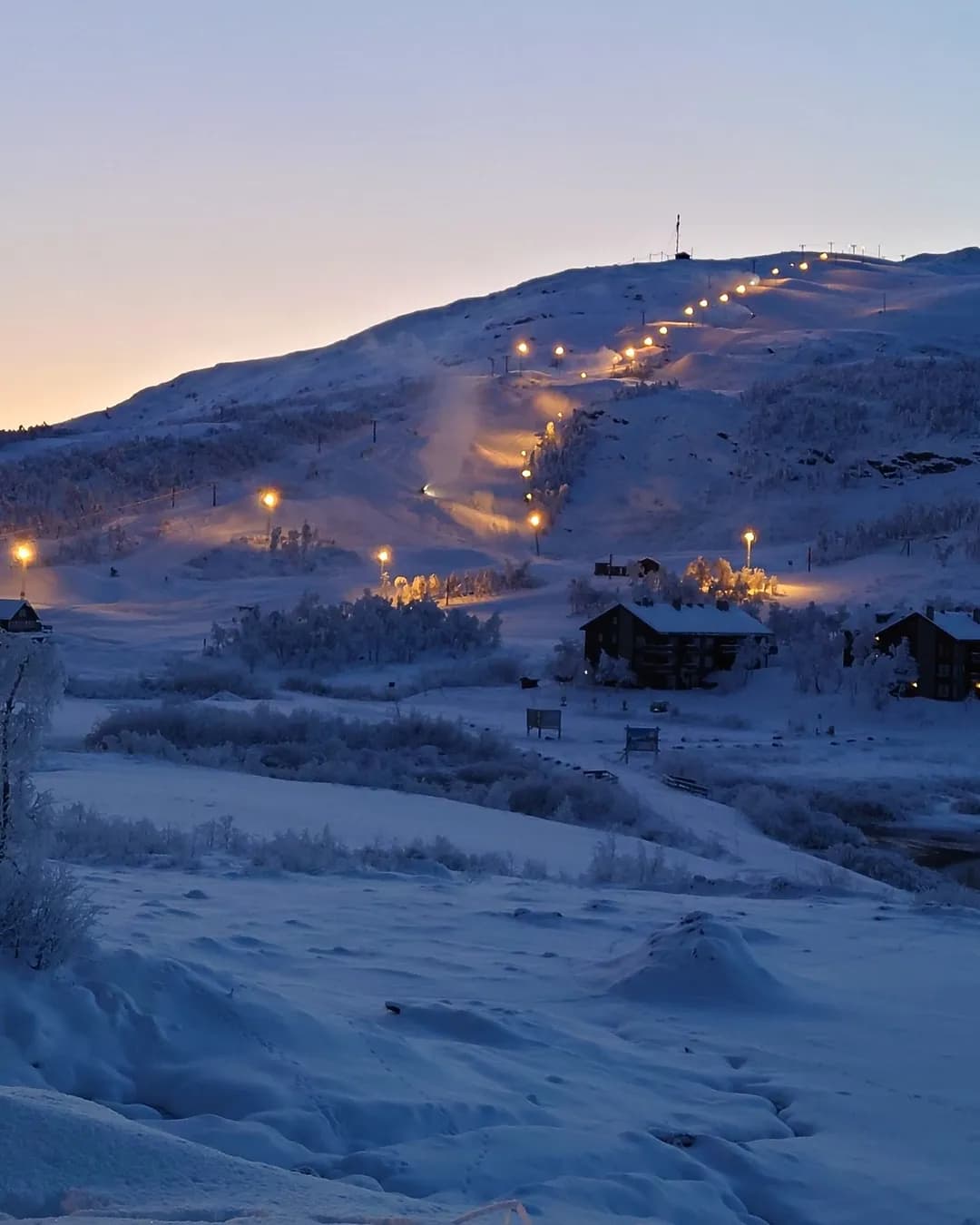 Tyin-Filefjell in Norway: a view of a ski resort at night.
