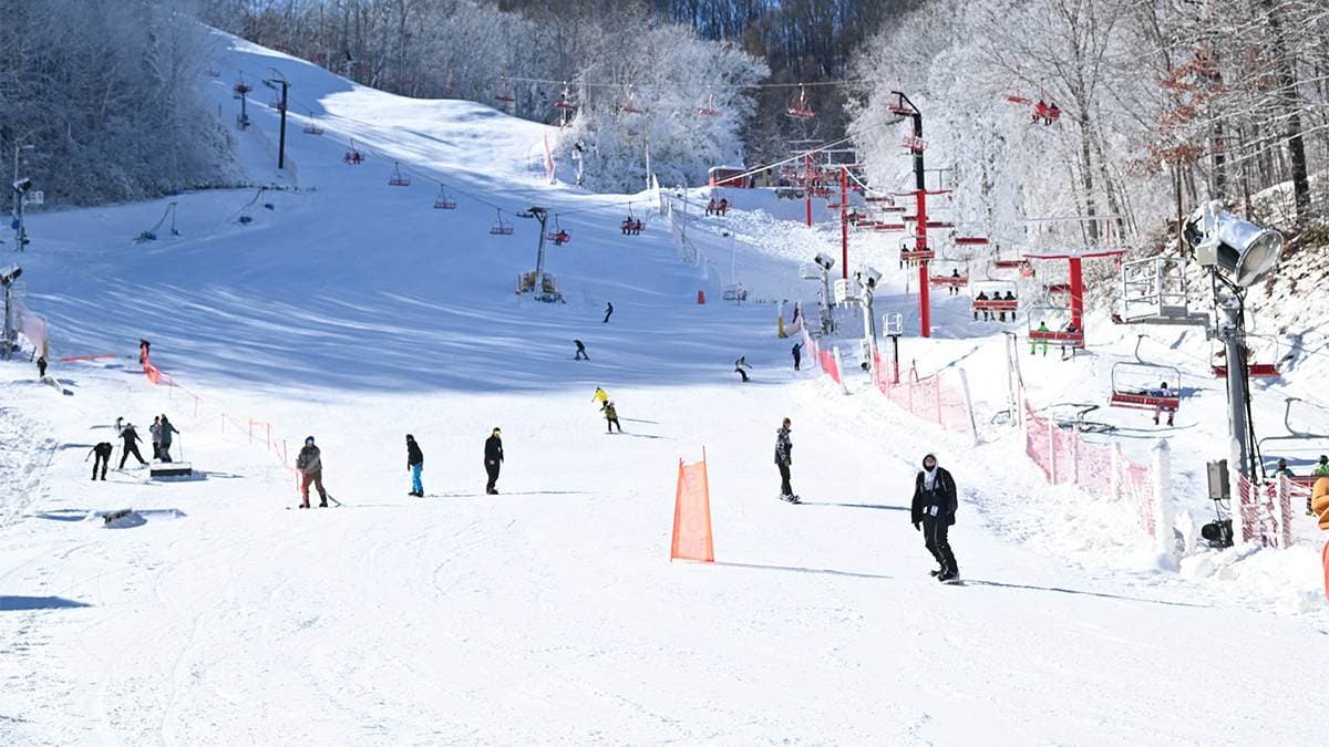 Ober Mountain in USA - a group of people skiing down a snowy slope.