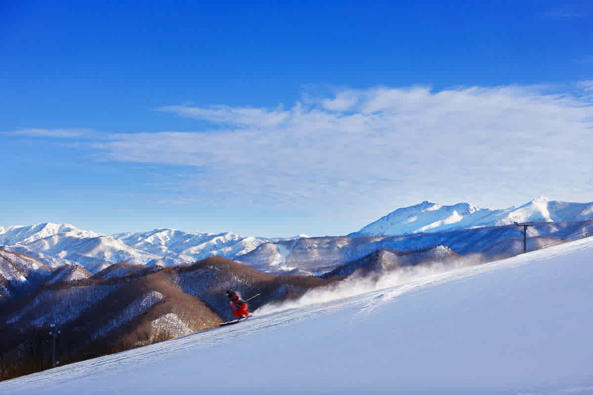 Okutone Snow Park in Japan - a person skiing down a snowy mountain.