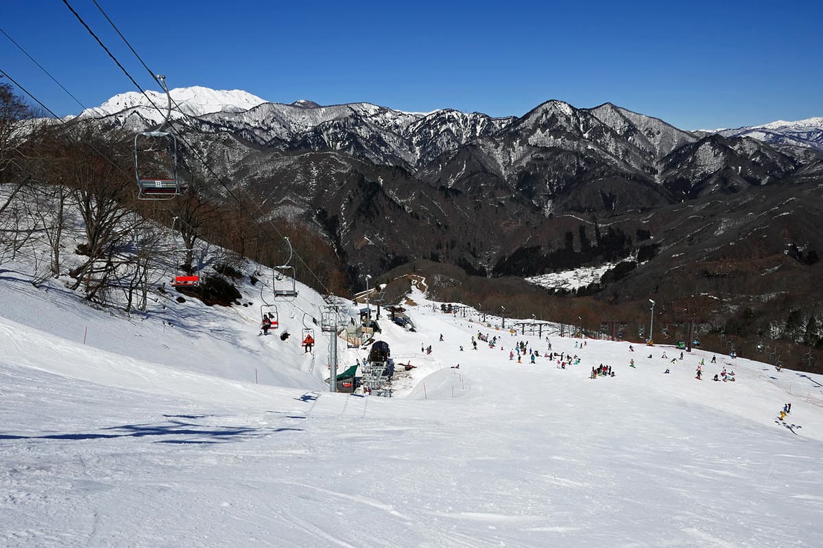 Okutone Snow Park in Japan - a group of people skiing down a snowy slope.