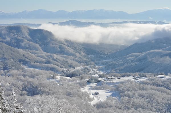 Asahi Shizen in Japan - the mountains are covered in snow.