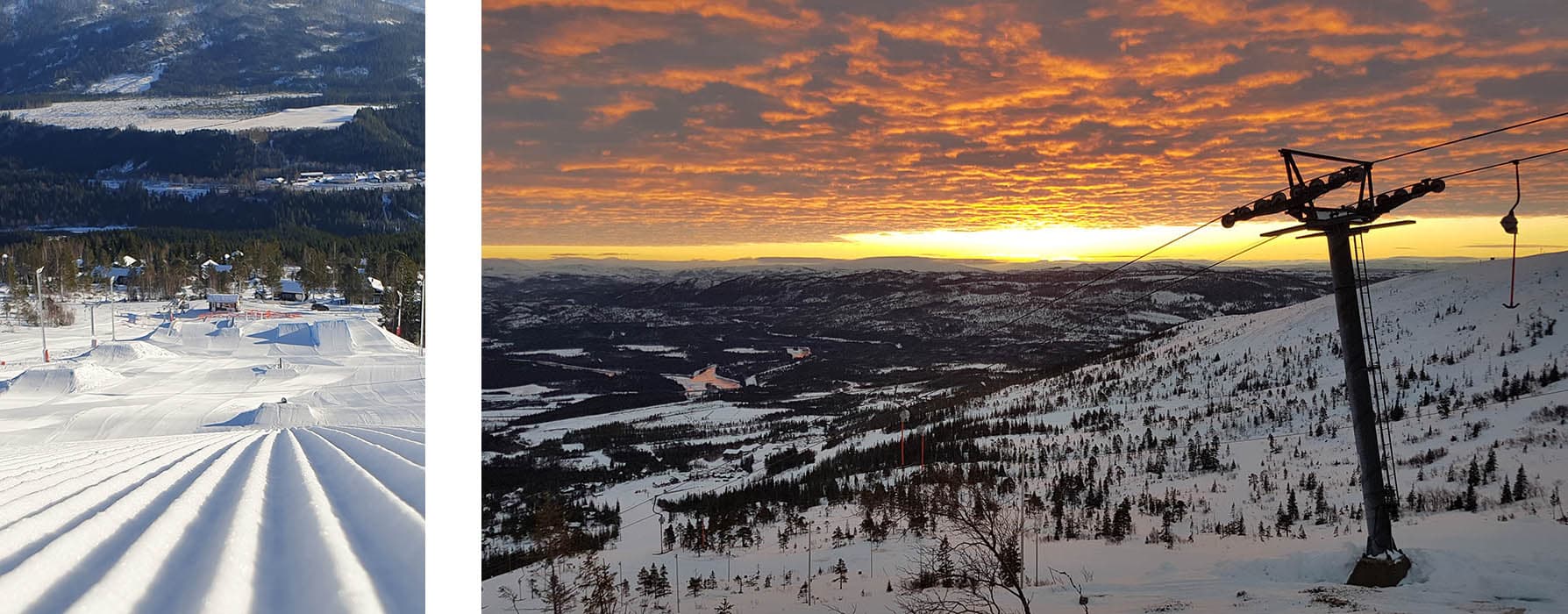 Grong in Norway - two pictures of a ski slope and a sunset.