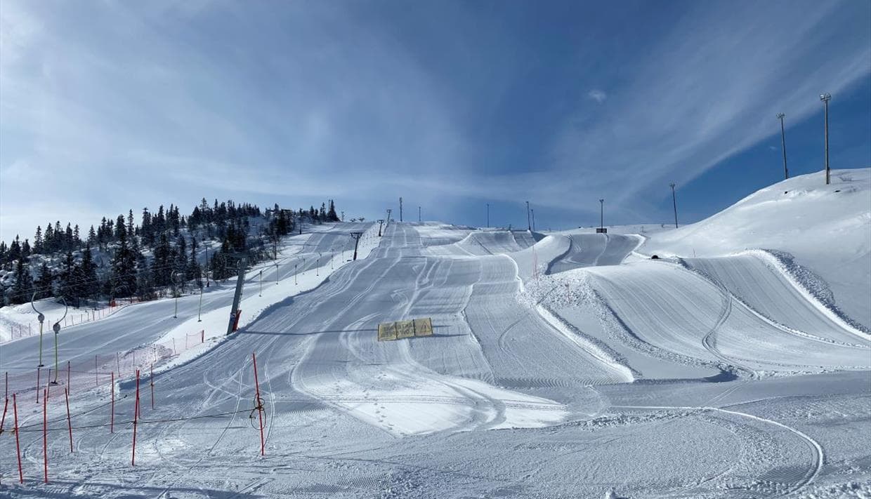 Valdres Alpinsenter in Norway - a snow covered ski slope with trees in the background.