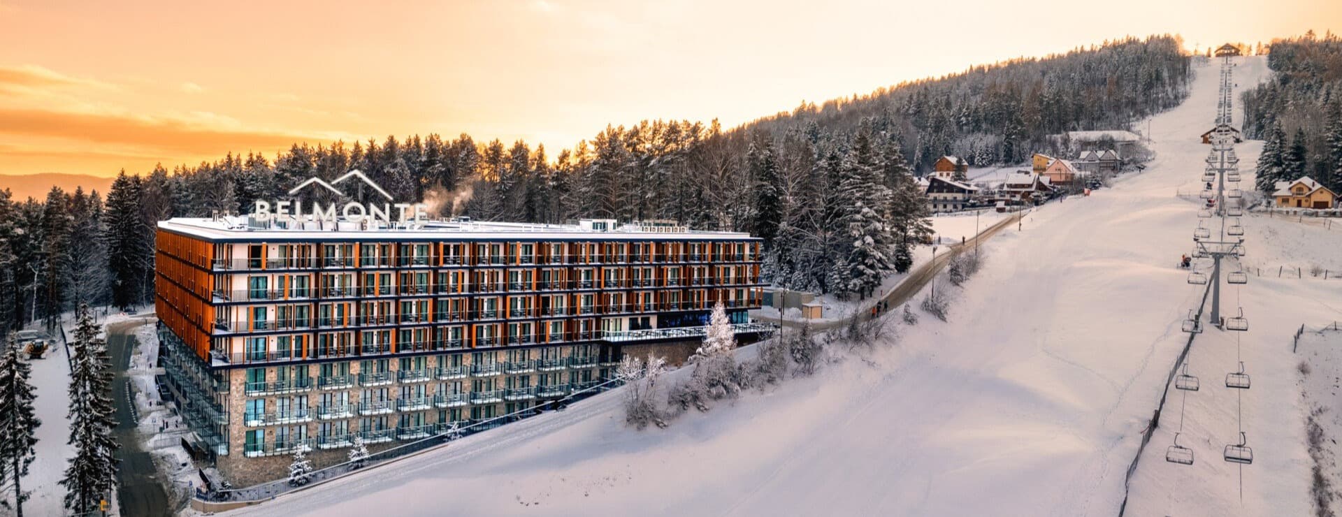 Henryk in Poland: an aerial view of a ski resort in the mountains.