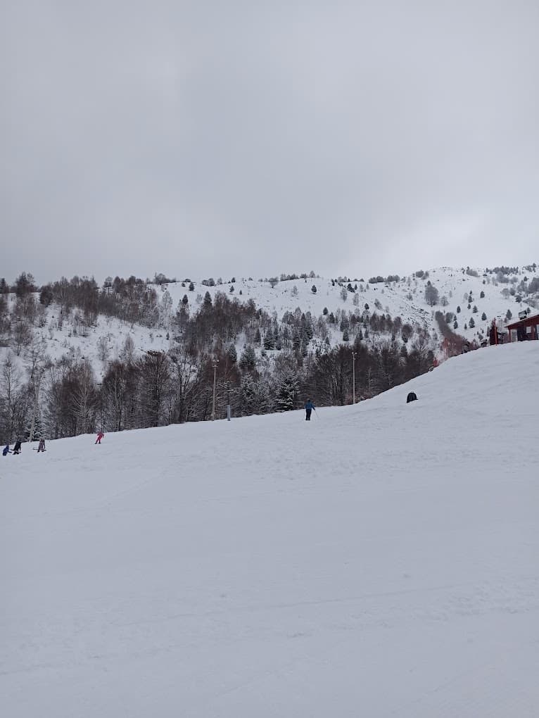 Nizhepole in North Macedonia - a group of people skiing down a snow covered hill.