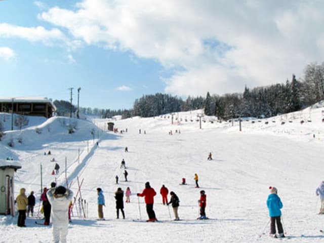 Tengamori in Japan - a group of people skiing down a snowy hill.