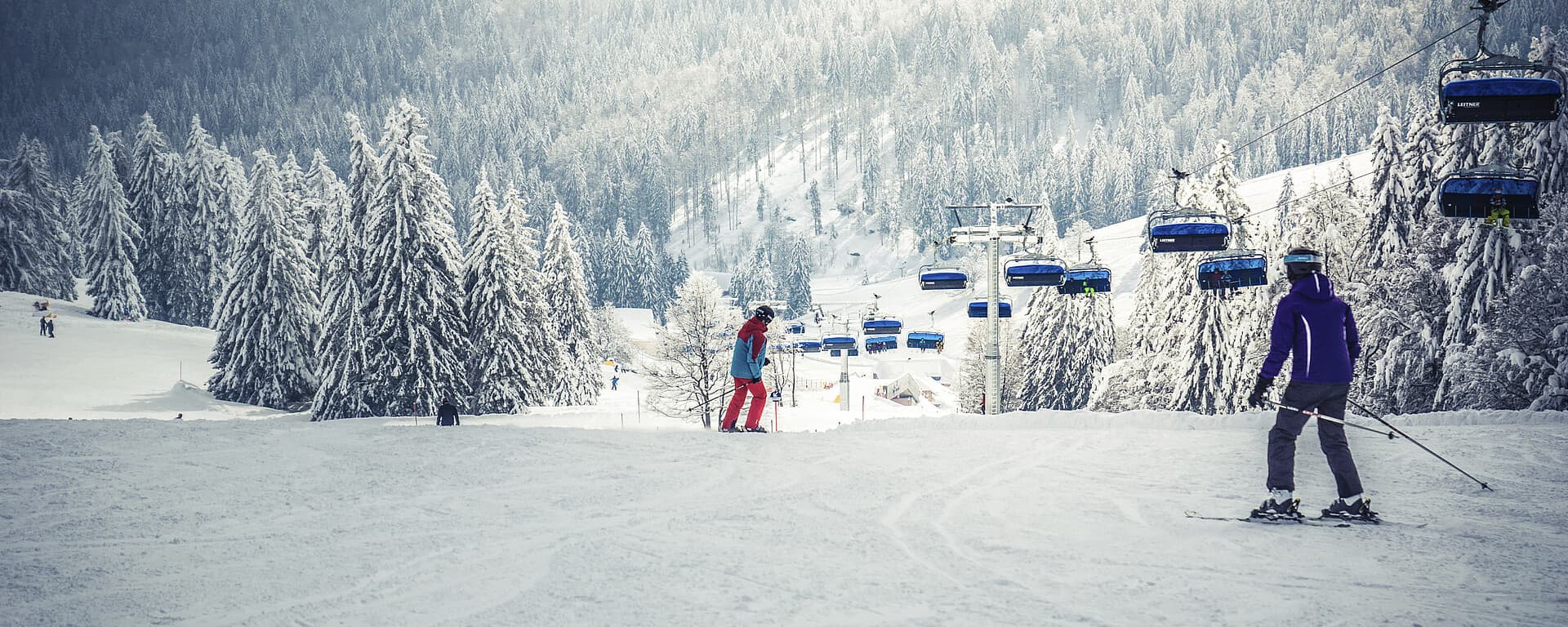Muggenbrunn in Germany - a group of people skiing down a snowy hill.