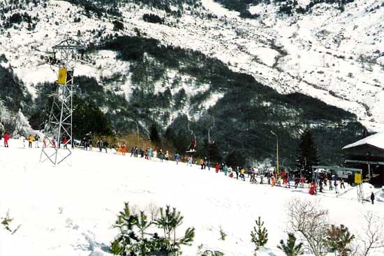 Karakoli in Greece - a group of people skiing down a snowy slope.