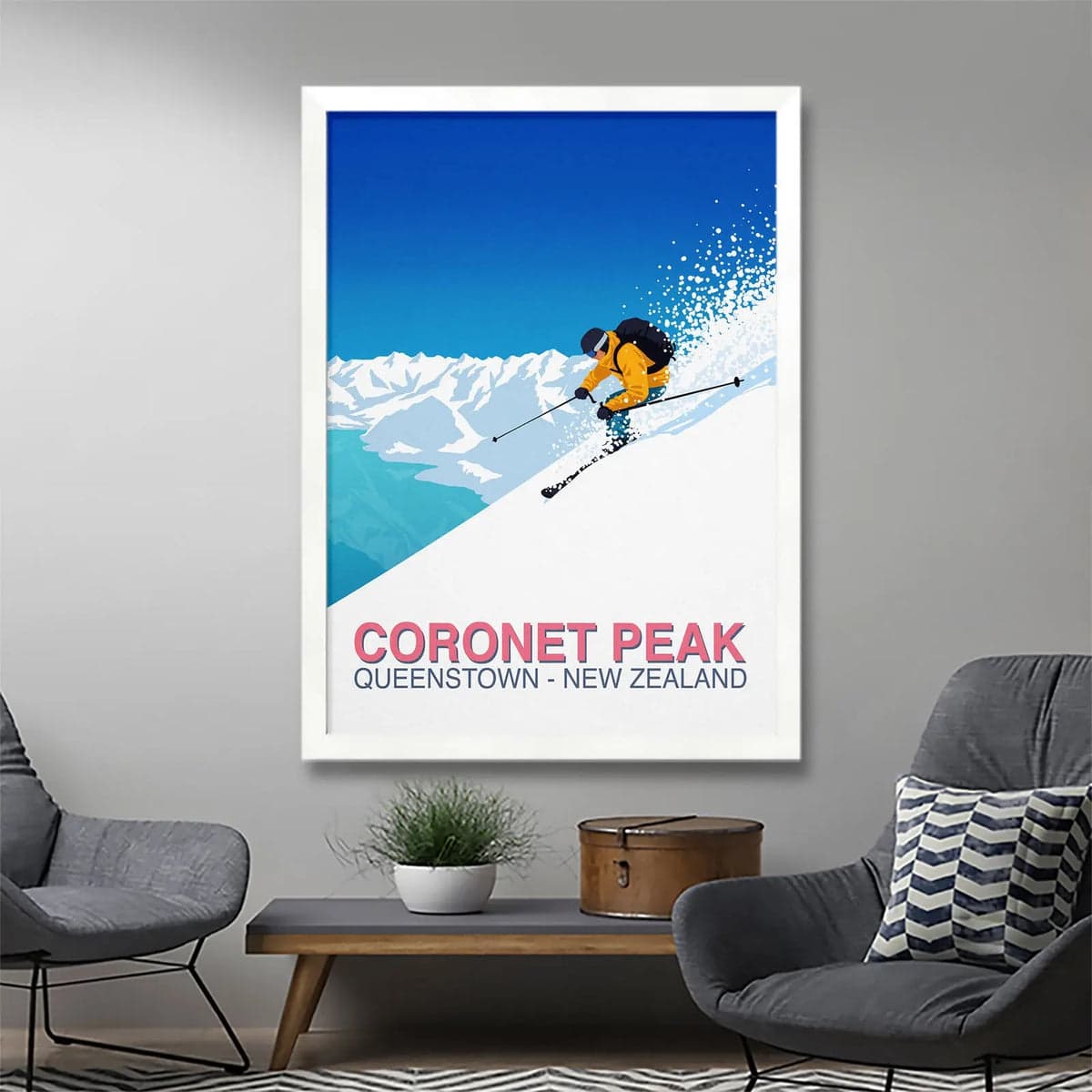 Coronet Peak in New Zealand - a room with two chairs and a poster on the wall.