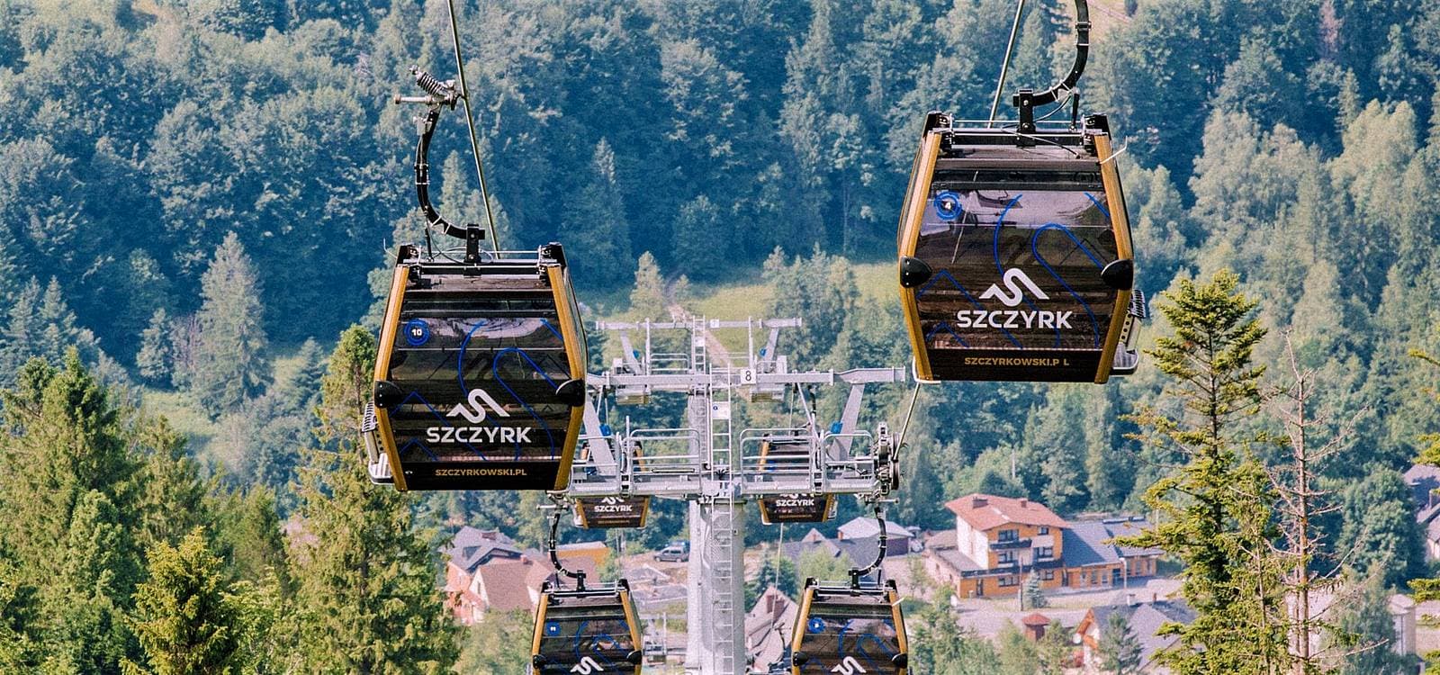 Szczyrk Mountain Resort Solisko - koleje kanapowe in Poland - two gondos with trees in the background.