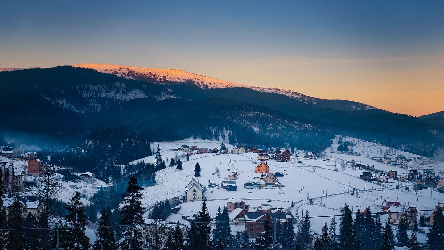 Bukovel in Ukraine: a view of a ski resort in the mountains.