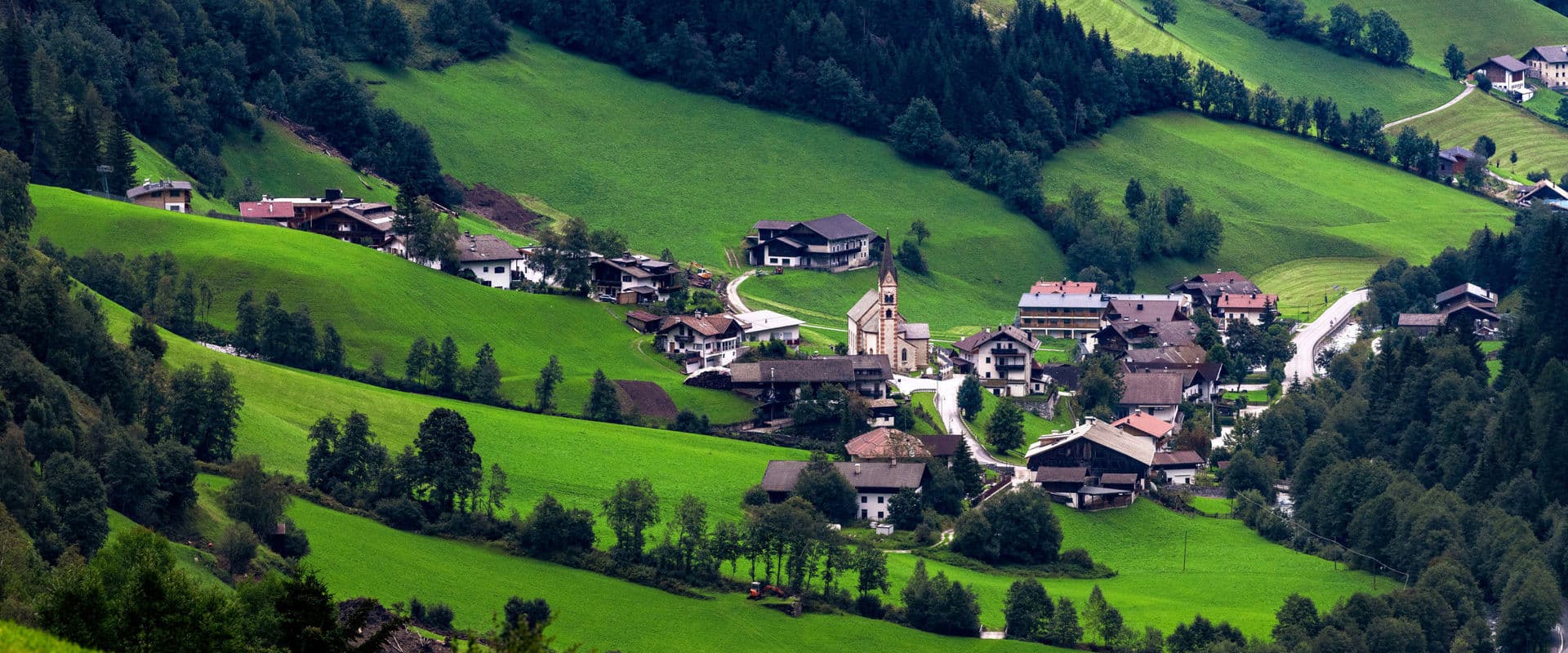St Anton in Pflersch – Innerpflersch in Italy - an aerial view of a village in the swiss alps.