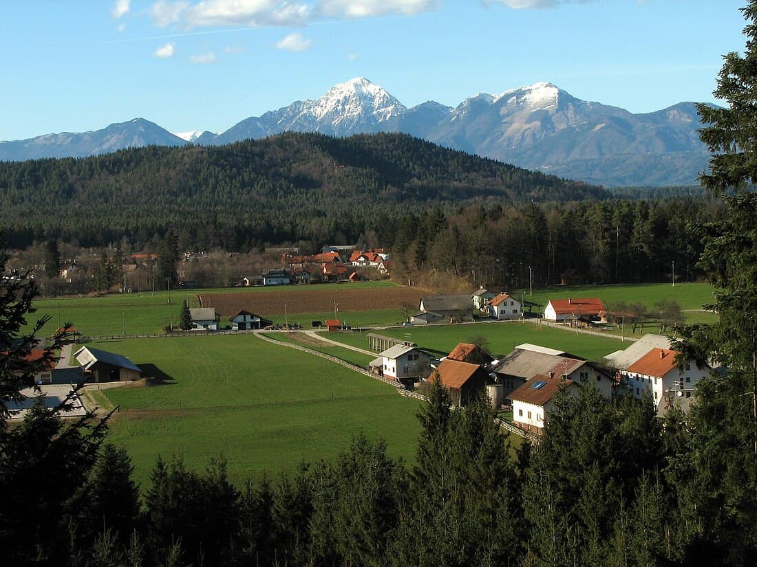 Vojsko in Slovenia - a green field with houses and mountains in the background.