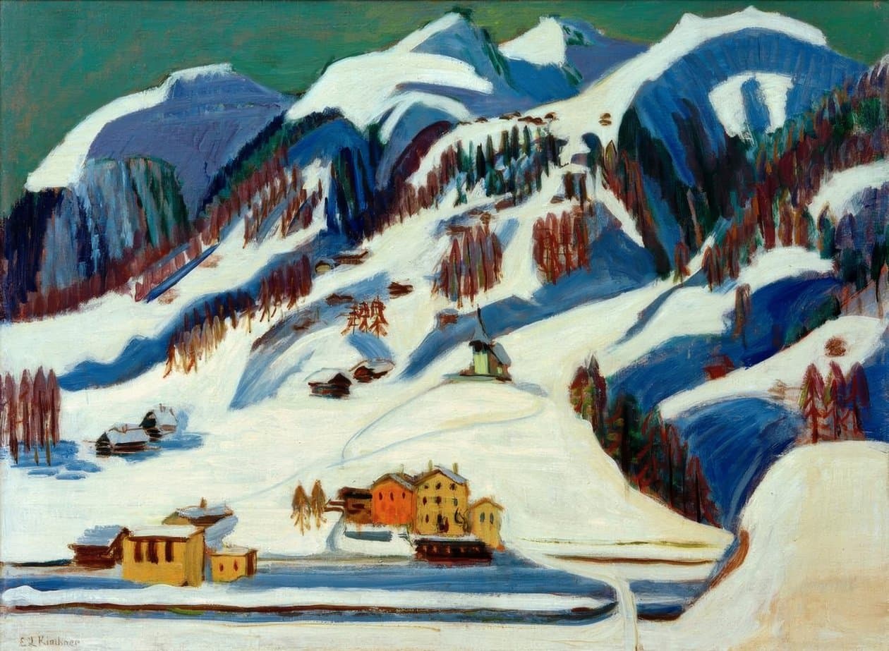 Wiesen – Gruob in Switzerland - a painting of snow covered mountains and houses.