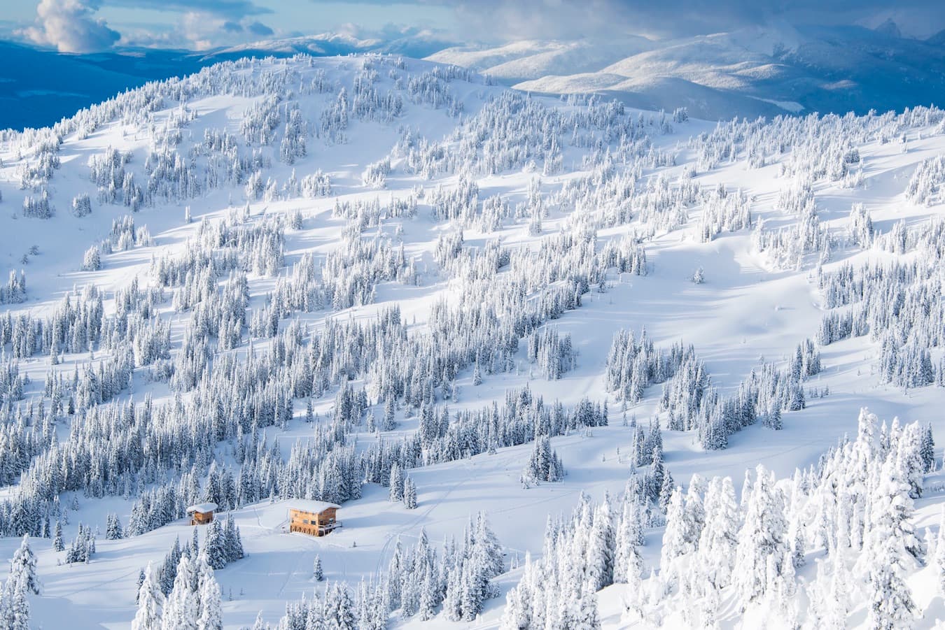 View of a bustling ski resort in Kootenay, Nelson, British Columbia with individuals enjoying winter sports. A cozy mountain hut adds charm to the stunning winter scenery.