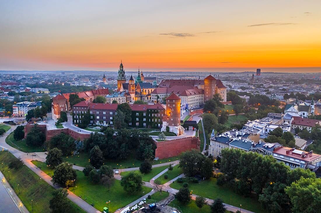 Wysowa in Poland - an aerial view of the city of krakow at sunset.