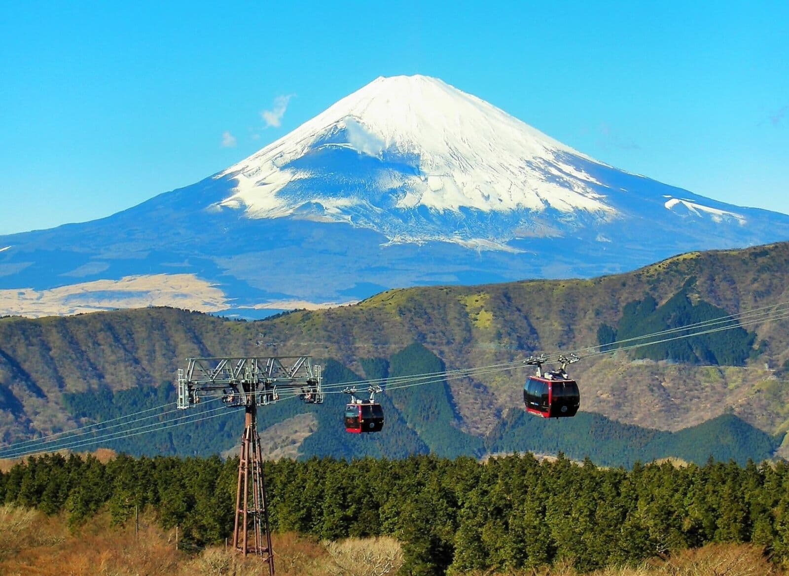 Mt Fuji – Hakone in Japan - a cable car with a mountain in the background.