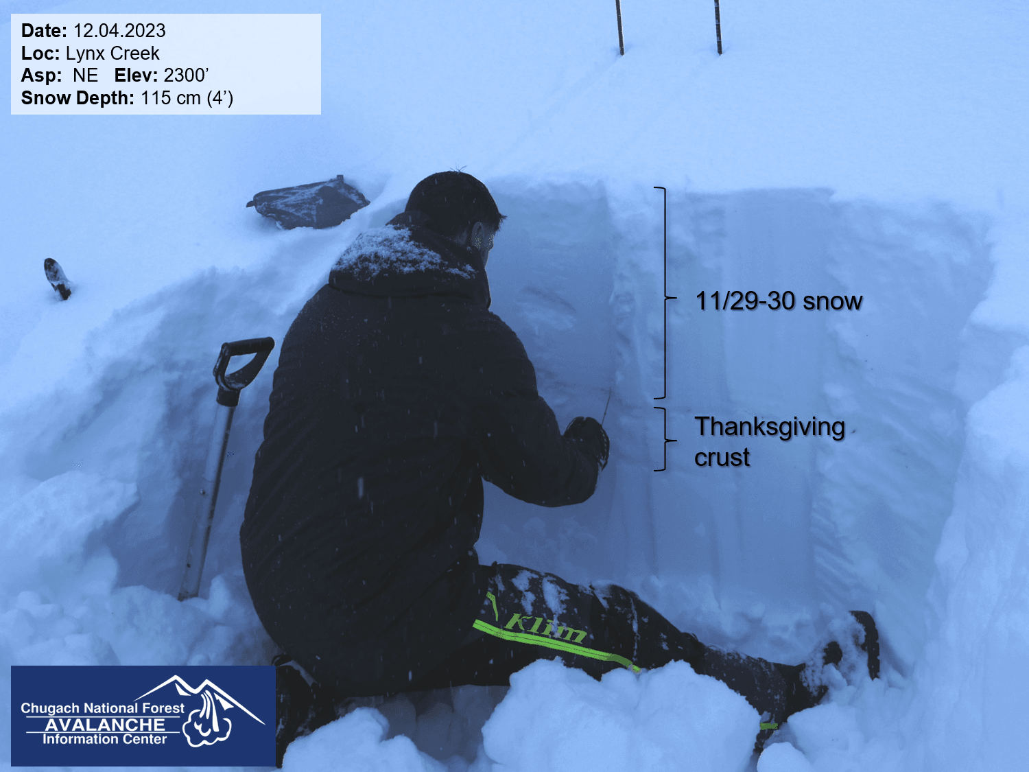 Lynx Creek in USA - a man sitting in the snow next to a hole.