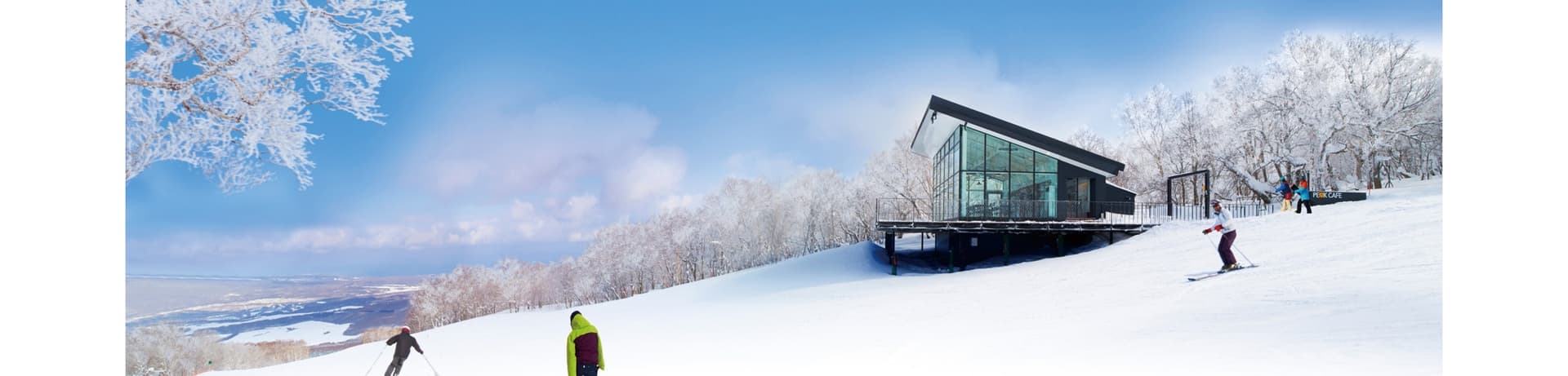 Hakodate Nanae in Japan - a group of people skiing down a snowy slope.