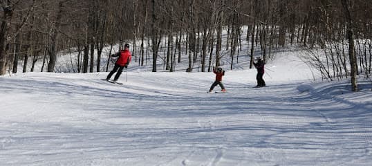 Winter sports scene at Bigrock Mountain, Mars Hill, Maine, USA, featuring a skier and a family enjoying skiing together, amidst other skiers, at the ski resort.